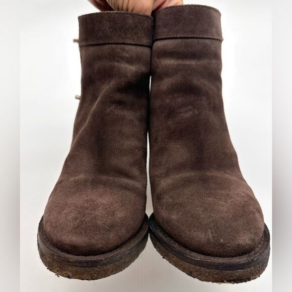 Chanel CC Logo Turnlock Ankle Boots Brown Nubuck Block Heel Bootie EU38 US 7-7.5 - Picture 5 of 11